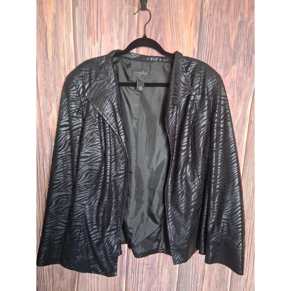 Investments open front metallic zebra animal print black jacket size 22